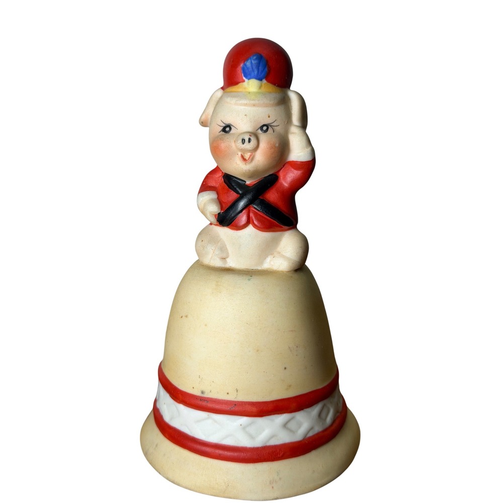 Vintage Enesco Pig Soldier Ceramic Bell Hand Painted Bisque Figurine Japan